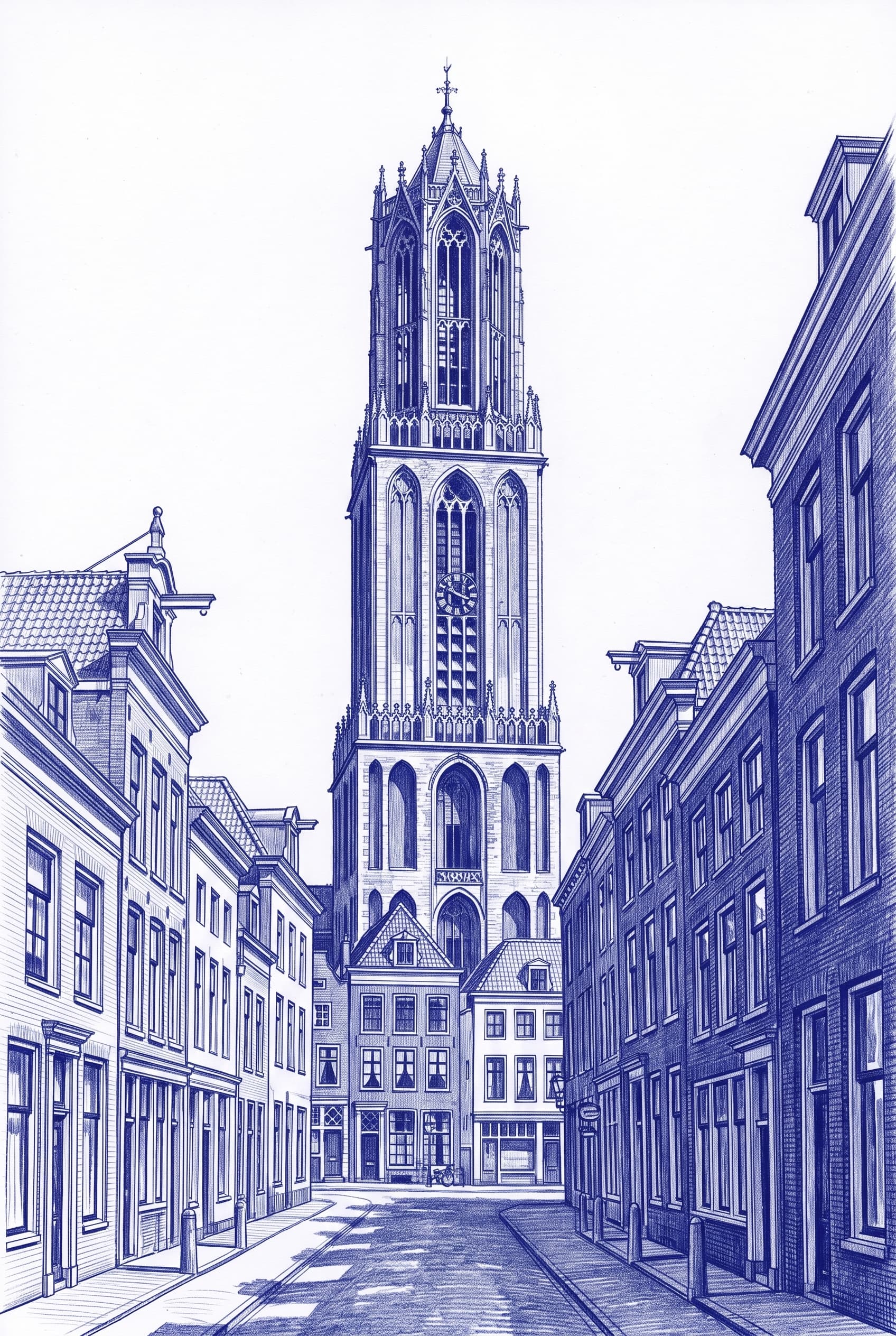 Blue architectural drawing of a Gothic tower above a quiet street.